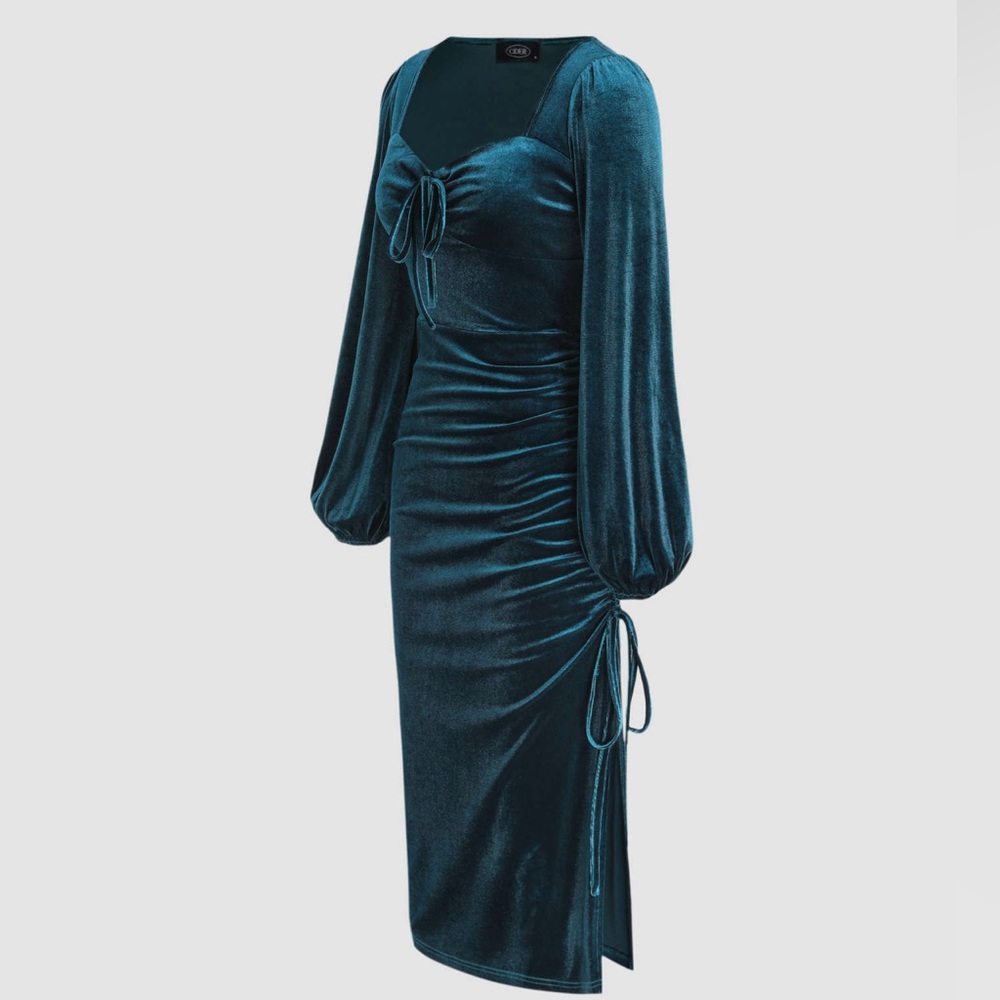 Cider Deep Teal Velvet Midi Dress - Picture 2 of 5
